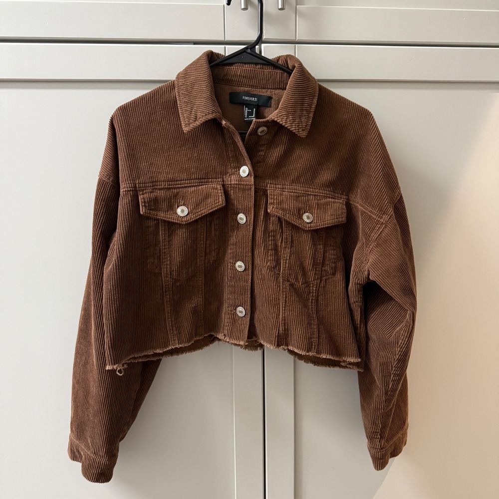 Forever 21 Womens Brown Corduroy Cropped Trucker Jacket Raw Hem Size Medium - Picture 4 of 7
